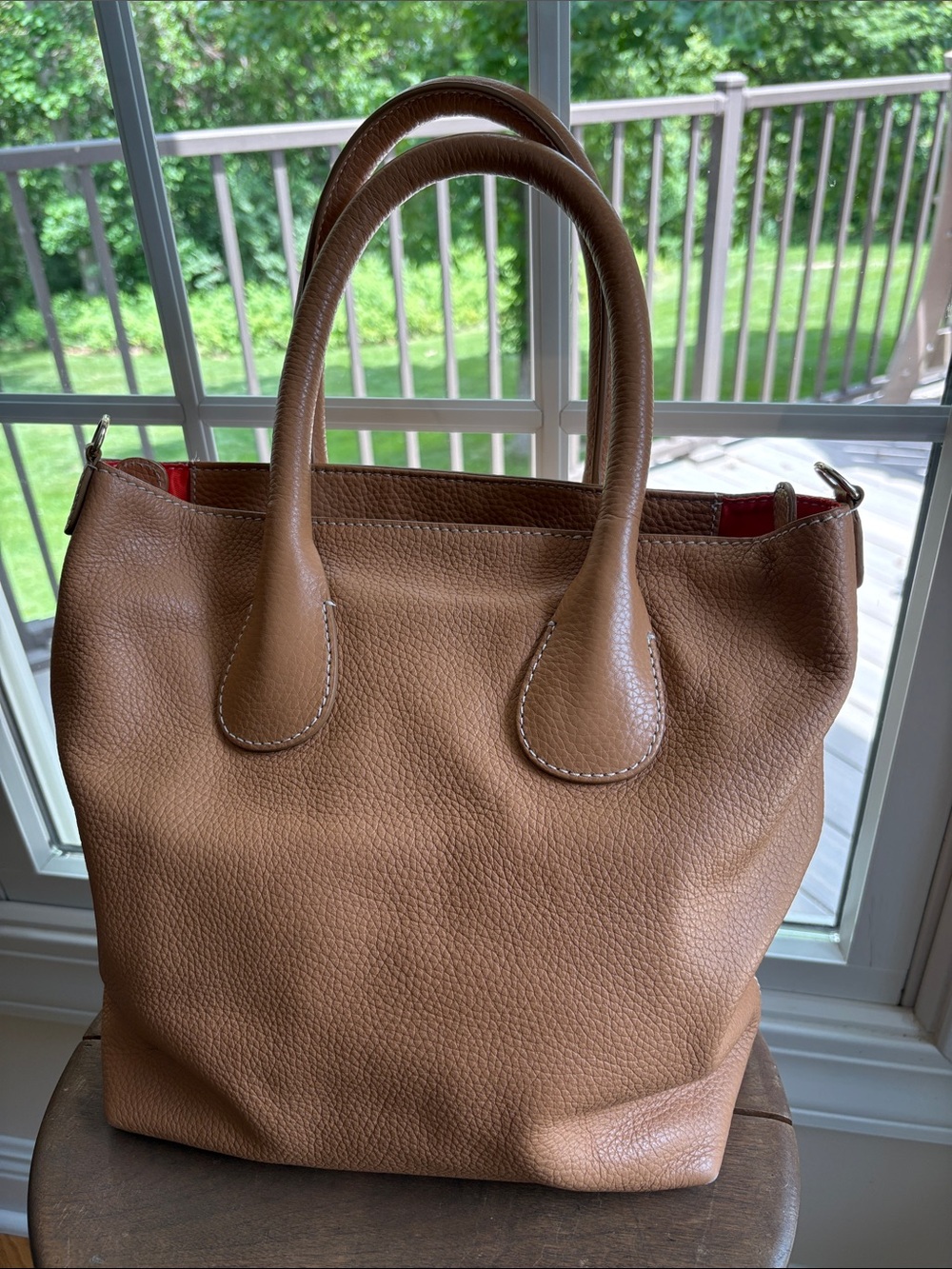 Chico's Pebbled Leather Tote in Brown with orange lining